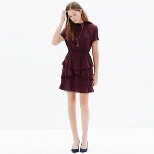 Madewell Dress Small Plum Sheer Flutter Sleeve Ruffle Tier - size 2
